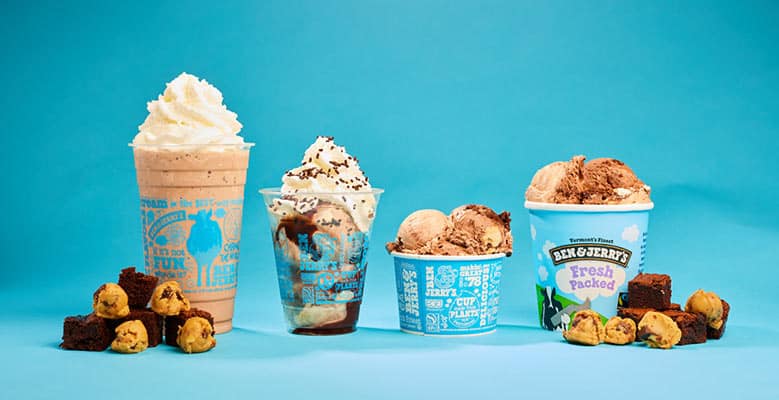 Photo showing a milkshake, sundae, cup of ice cream scoops, and a Fresh Packed Pint.