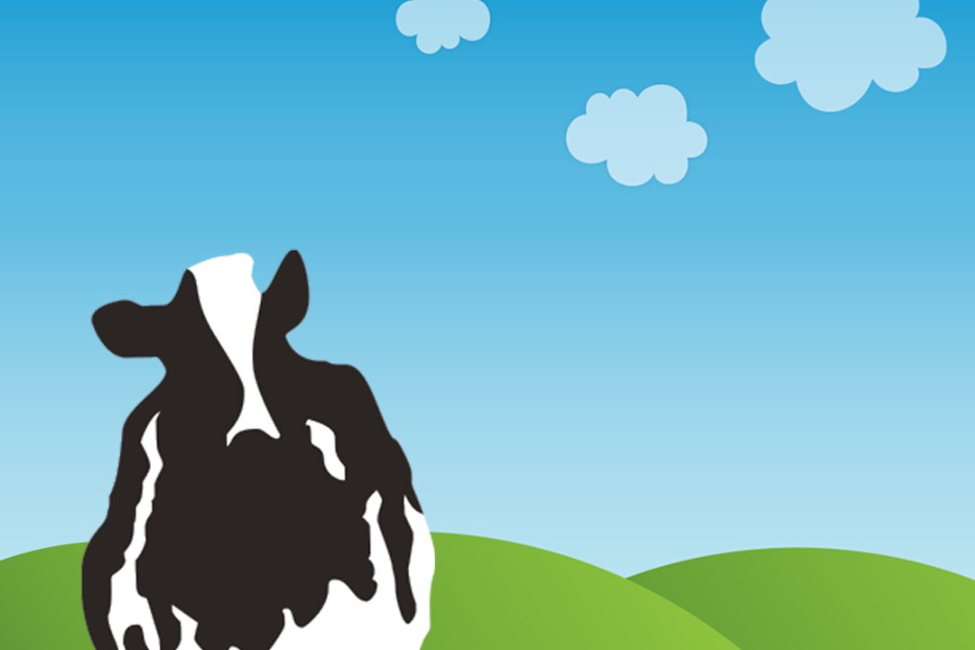 Illustrated cow standing in front of hills and a blue sky with clouds