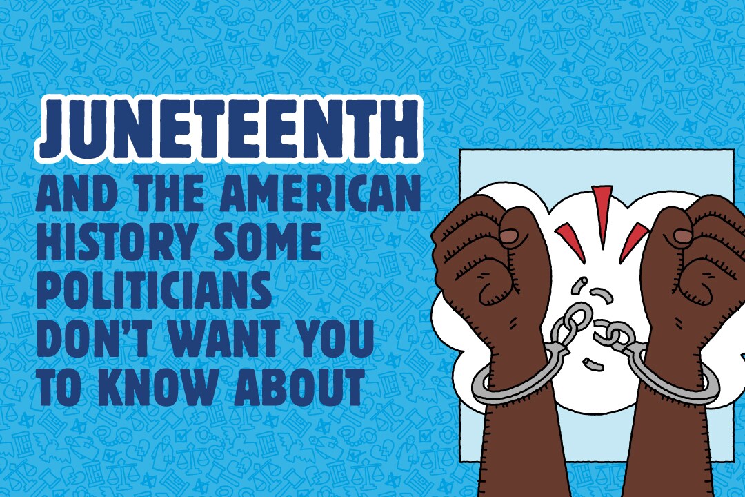 Juneteenth History and hand breaking the handcuffs