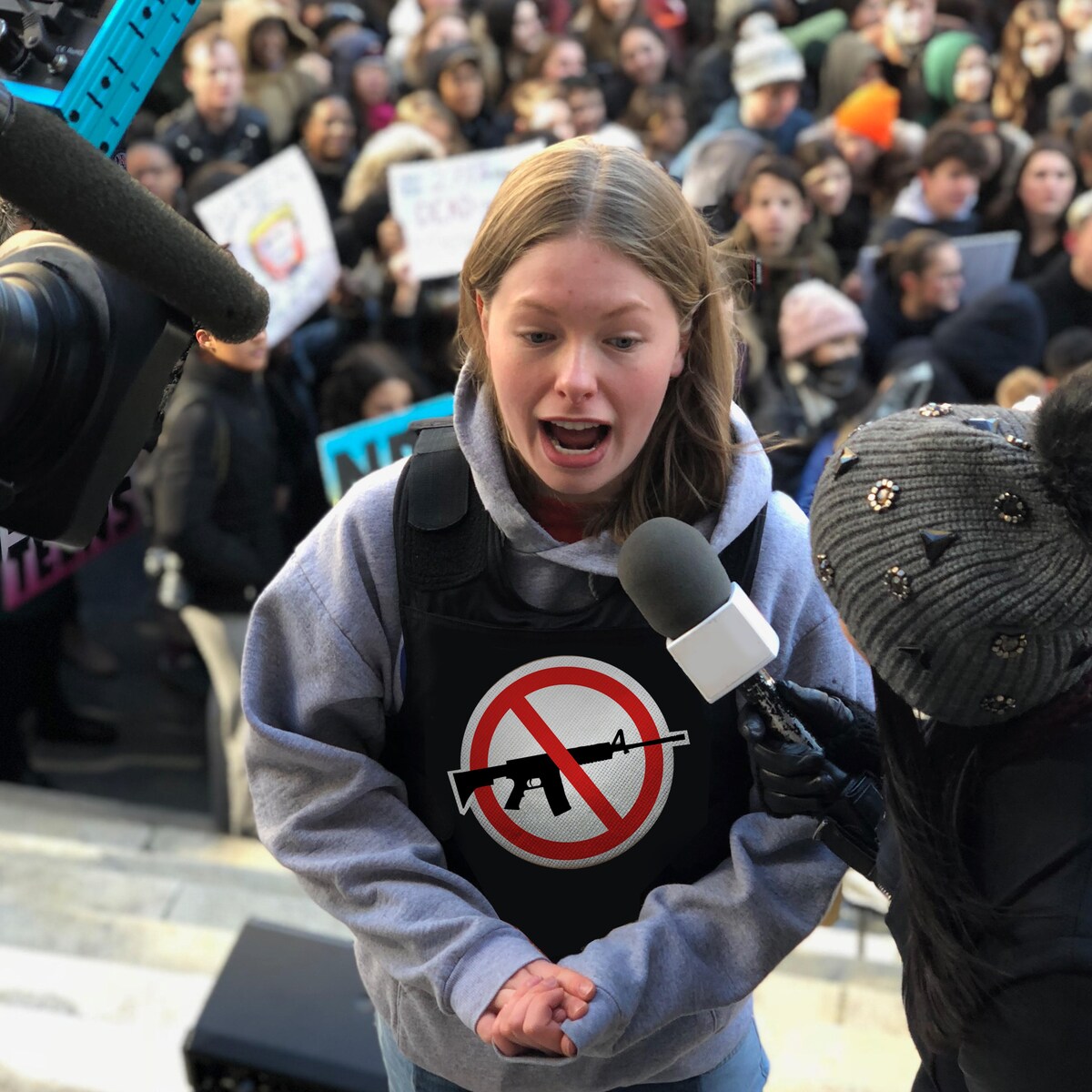 Georgia Groome wore a bulletproof vest showing logos of companies that had ties to the NRA 