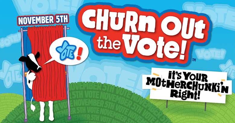 Illustration of a cow in a voting station