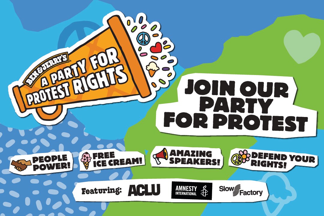 Party for Protest Rights banner with logos for ACLU, Amnesty International, and Slow Factory along with callouts for free ice cream and amazing speakers