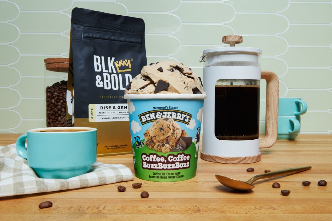 Pint of Ben & Jerry's Coffee, Coffee BuzzBuzzBuzz ice cream and a bag of BLK & Bold coffee surrounded by coffee-related items.