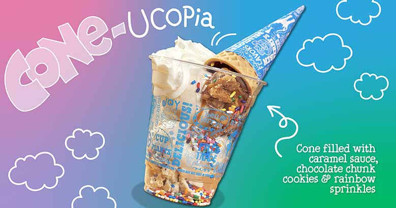 A cup with ice cream and topping then an ice cream cone on top