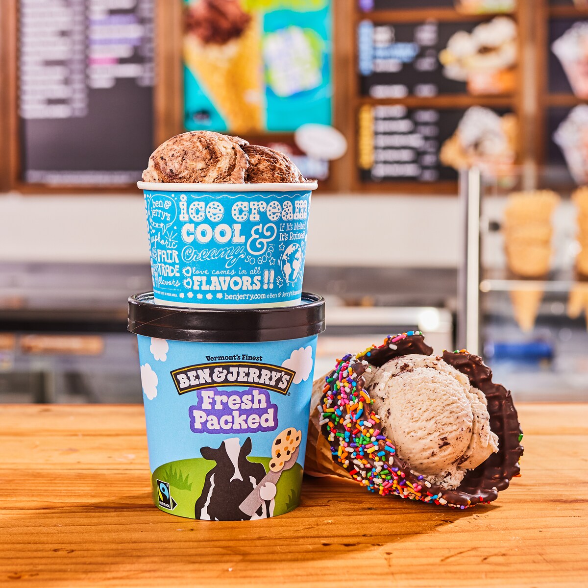 A pint, a sundae, and cup of Ben & Jerry's