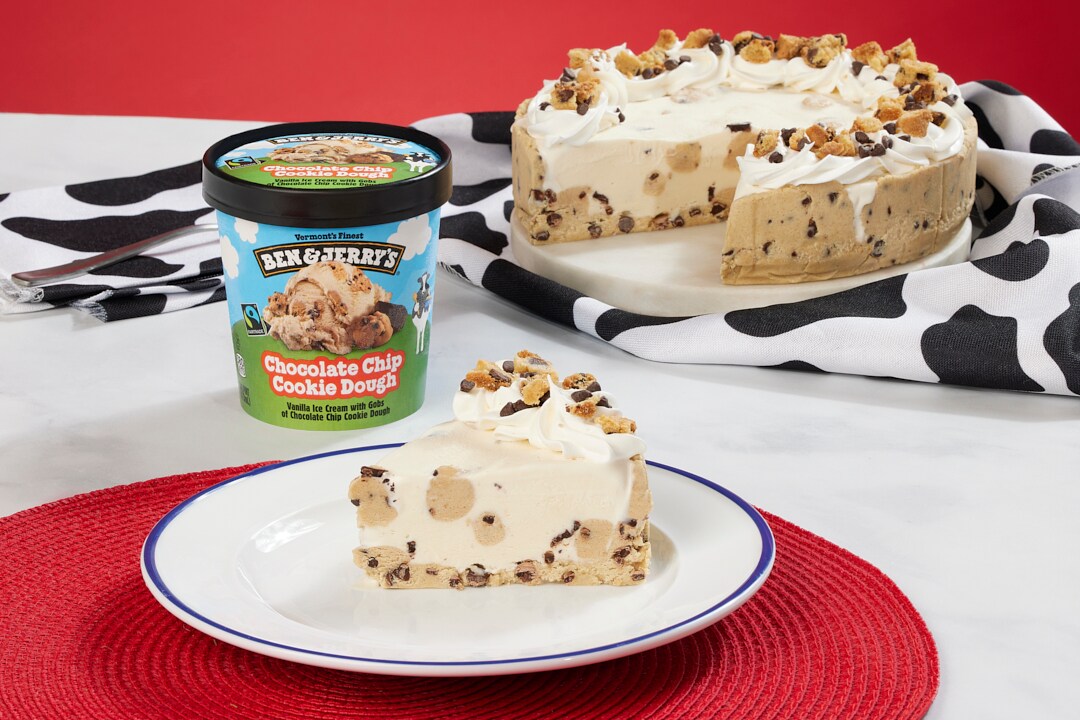 Photo of an ice cream pie made with a cookie dough crust and Chocolate Chip Cookie Dough ice cream.