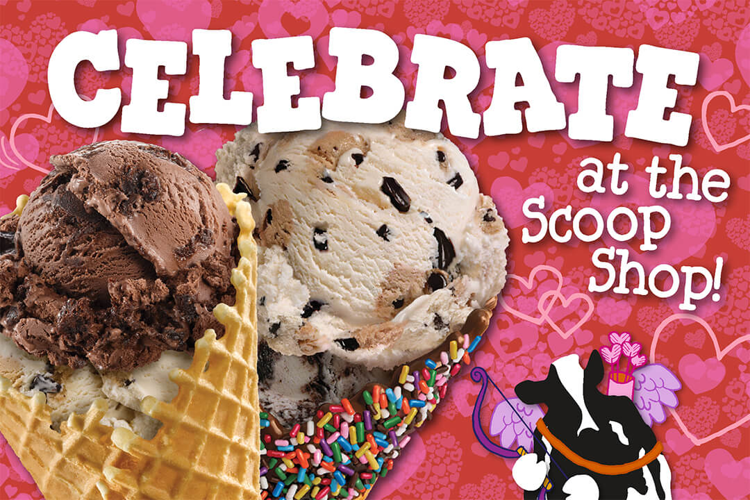 Two ice cream cones. Text reads: Celebrate at the Scoop Shop!