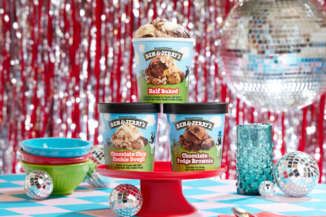 A New Year's Even style set showing three Ben & Jerry's ice cream pints and a disco ball.