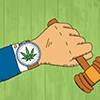 Hand holding a gavel with a cannabis leaf watch