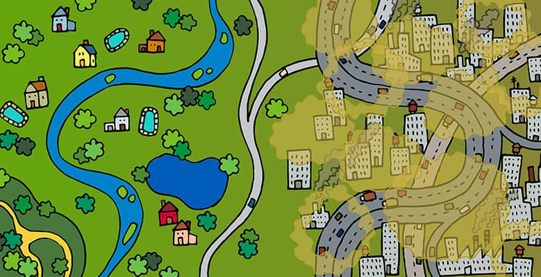 A cartoon image of a city