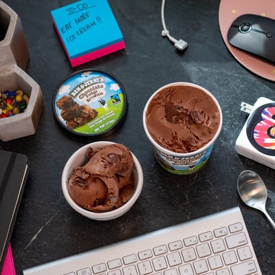 A Pint of Chocolate Fudge Brownie with a bowl full