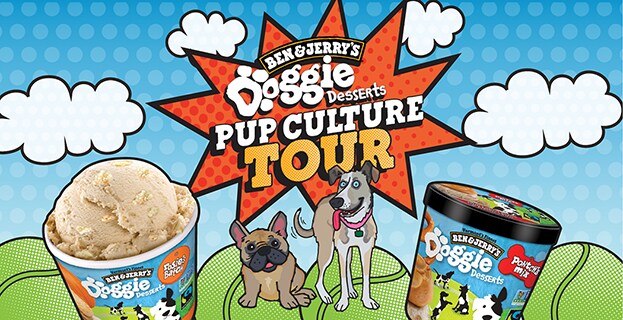 Illustration of clouds, dogs, and two doggie dessert cups