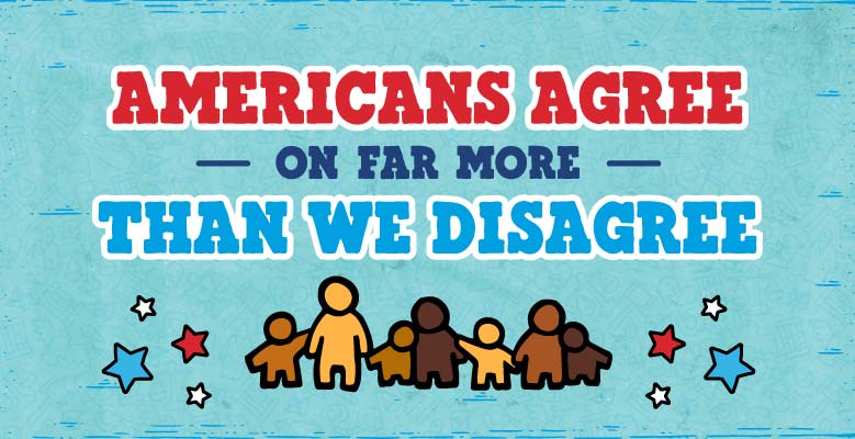 Light blue background with red and blue text that reads: Americans agree on far more than we disagree.