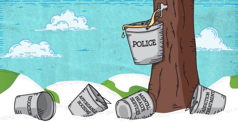Illustration of a tree with a sap bucket attached. The sap bucket is labelled POLICE. Several other unused sap buckets are on the ground, getting no sap. Those buckets are labelled EDUCATION, AFFORDABLE HOUSING, MENTAL HEALTH SERVICES, and ADDICTION TREATMENT.
