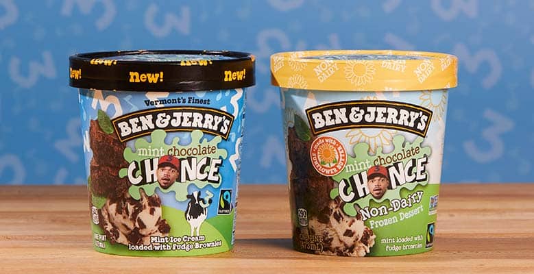 Pints of Ben & Jerry's Mint Chocolate Chance ice cream and Ben & Jerry's Mint Chocolate Chance Non-Dairy frozen dessert on a blue background.