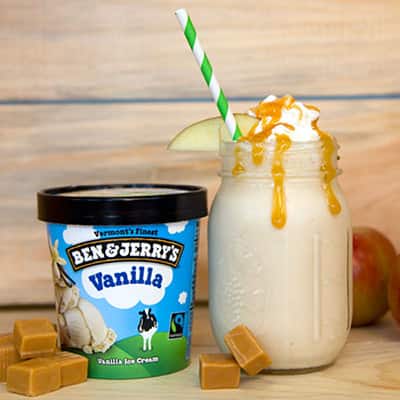 Ben & Jerry's Vanilla ice cream next to a caramel apple milkshake.