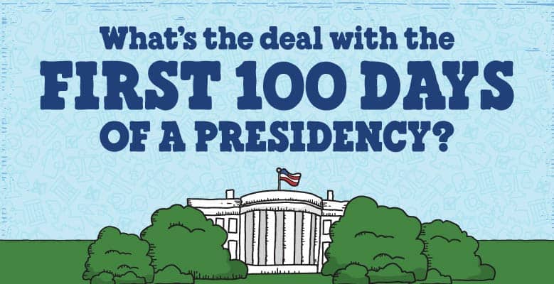 Illustration of the White House with text that says What's The Deal With The First 100 Days of a Presidency?