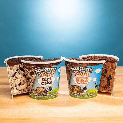 Ben & Jerry's Dirt Cake Topped ice cream and Ben & Jerry's Chocolate Milk & Cookies Topped ice cream