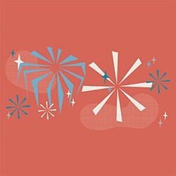 Illustration of fireworks and stars.