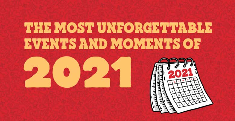 Red background with text that reads: The most unforgettable events and moments of 2021.